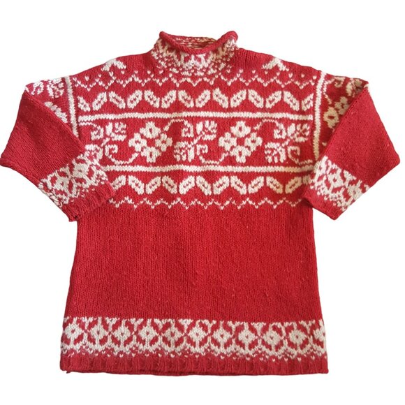 Express TriCot M Oversized Red White Wool Pullover Chunky Thick Knit Cozy Nordic - Picture 1 of 3